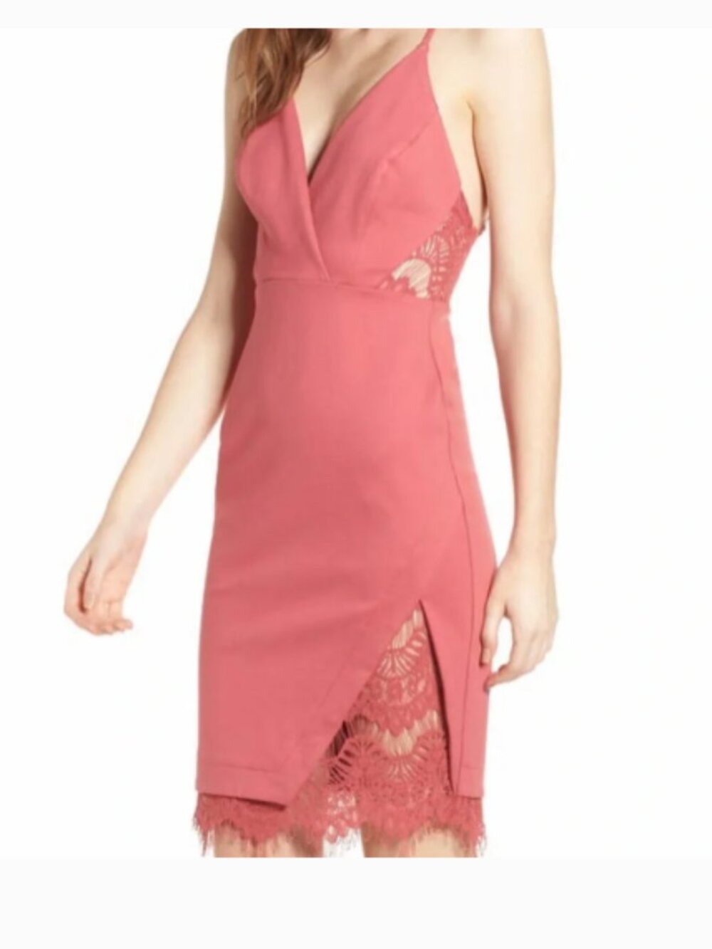 Pink Peeking Lace Halter Bodycon Dress Medium